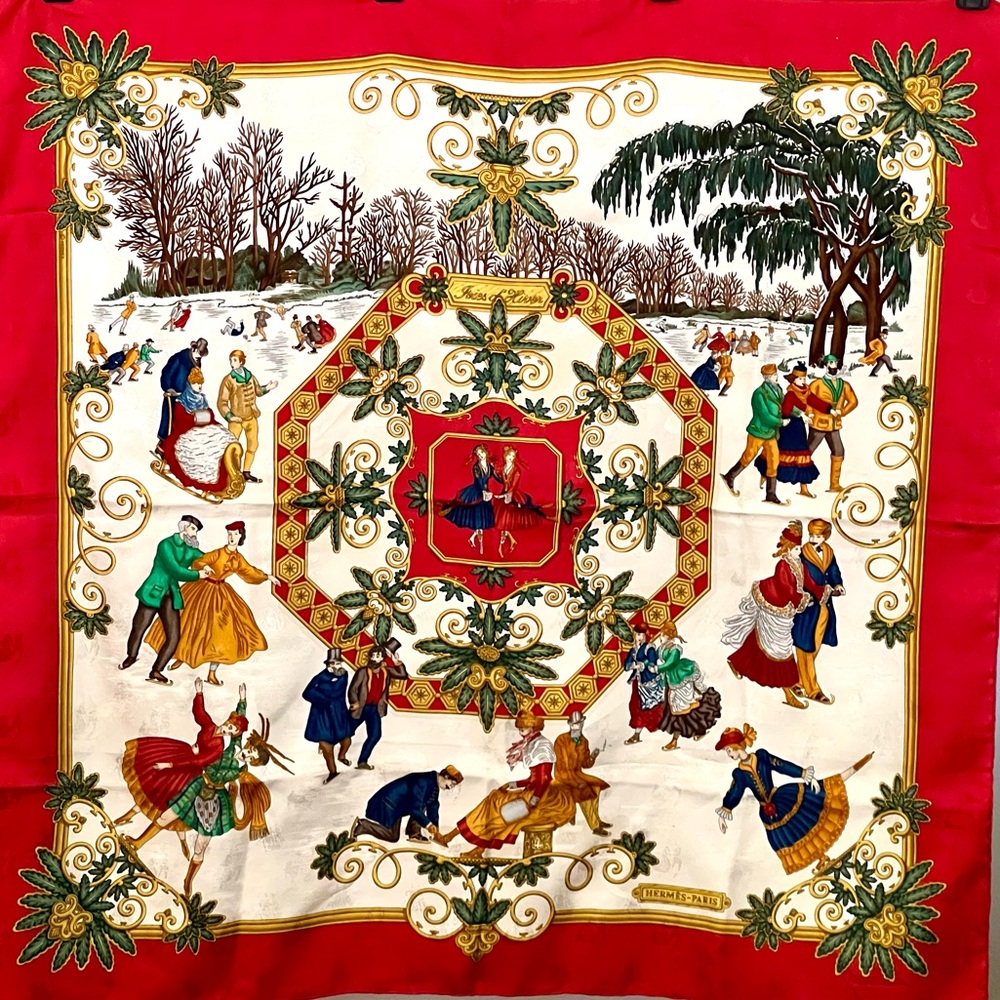 Authentic Vintage HERMES 100% Silk jacquard scarf Les Joies D’hiver